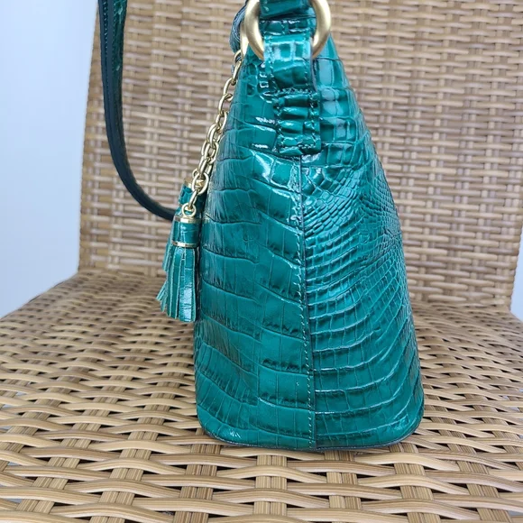 Brahmin Teal Blue Crocodile Embossed Leather Bag Tassel Charm - Picture 6 of 16